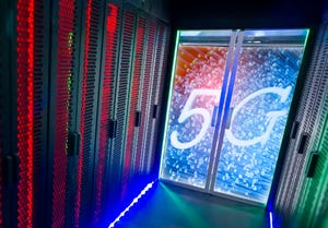 5G signs with Fiber optics cable and datacenter background