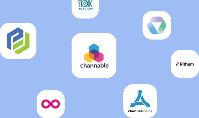 Op een blauwe achtergrond staan zes logo's van dienstverleners