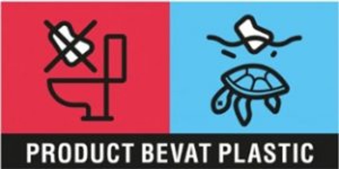 Image with two parts: on the left, a toilet with a crossed-out plastic plate on a red background. On the right, a turtle under a plastic object on a blue background. Text: “Item contains plastic.”