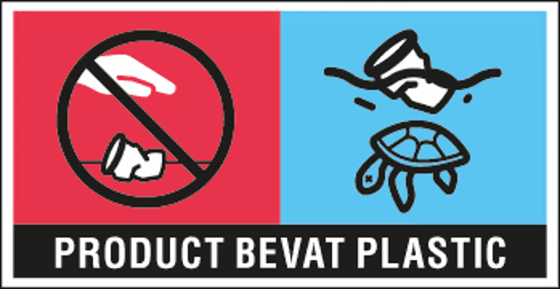 Afbeelding met twee delen: links een toilet met een doorgestreept plastic bordje op een rode achtergrond. Rechts een schildpad onder een plastic voorwerp op een blauwe achtergrond. Tekst: “Product bevat plastic.”
