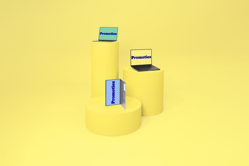 Three yellow cylindrical pedestals display laptops with the word "promotions" against a matching yellow background, creating a playful and minimalist composition.