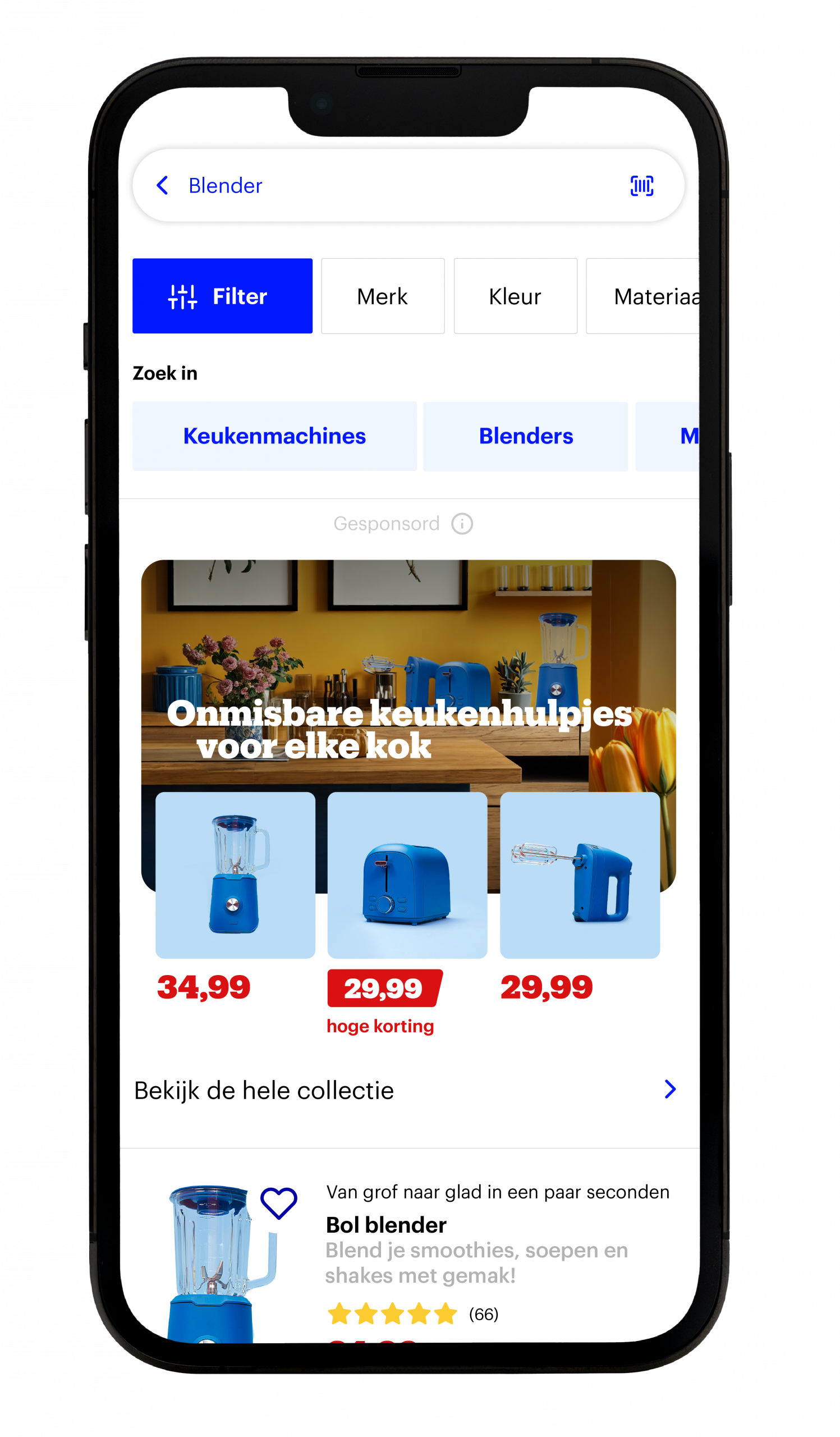 Op het scherm van een smartphone worden zoekresultaten voor "blender" weergegeven, met branded shelves voor keukenmachines.