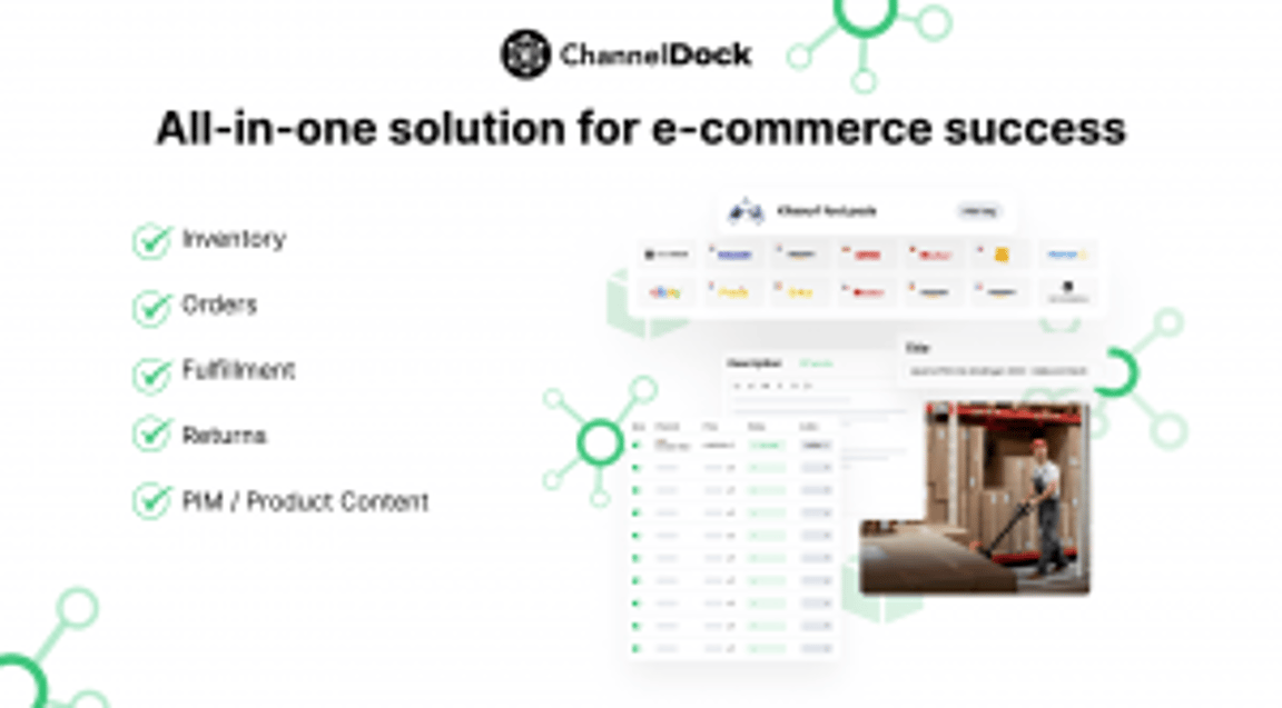 Afbeelding van ChannelDock e-commerceoplossing met trefwoorden: Voorraad, Bestellingen, Afhandeling, Retourzendingen, PIM/Productinhoud. Afbeelding toont een softwaredashboard en een persoon die de voorraad in een magazijn beheert.