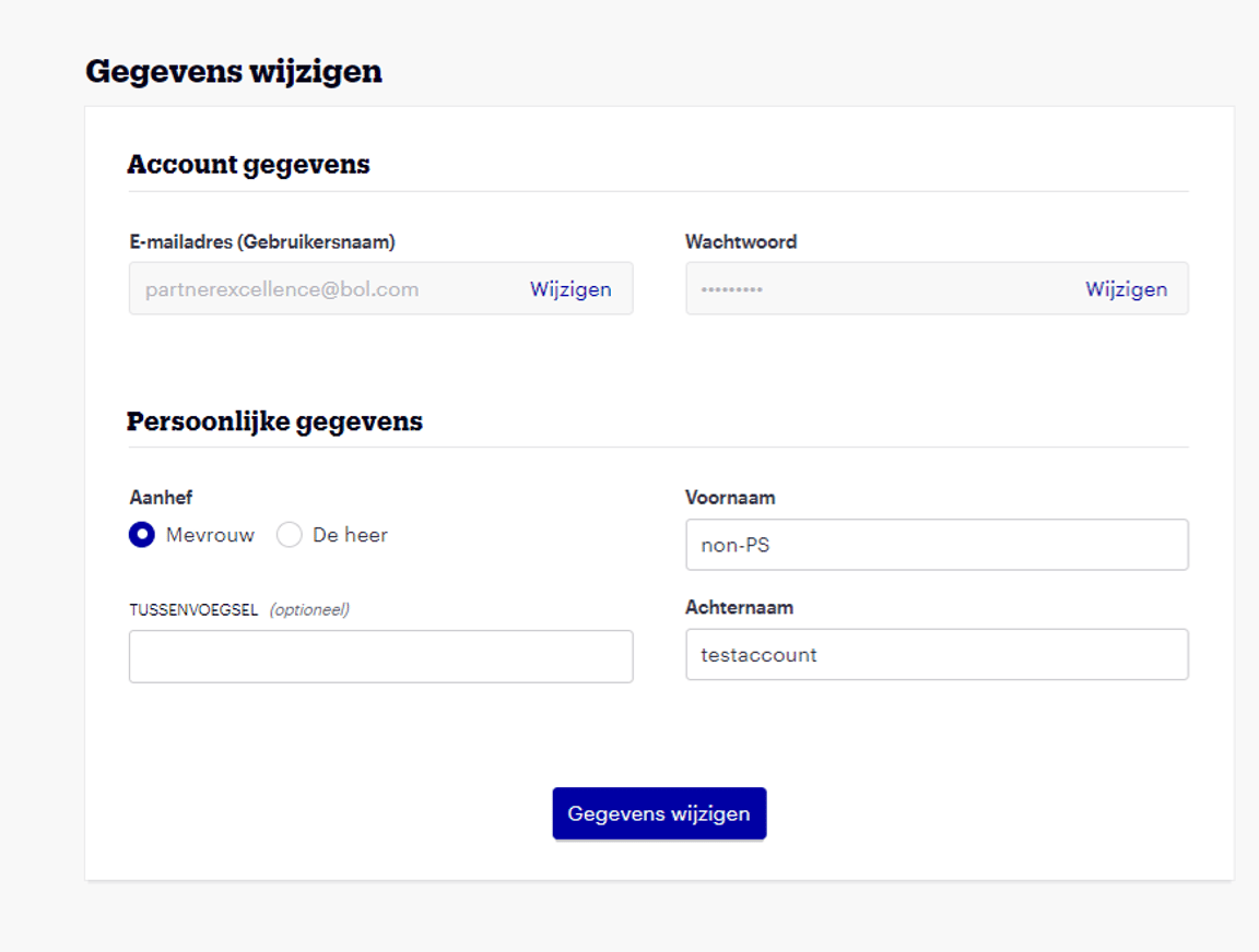 Scherm waarin gebruikers hun accountgegevens zoals naam, e-mail en wachtwoord kunnen bijwerken