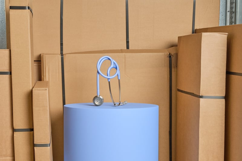 Een lichtblauwe stethoscoop rust op een cilindervormig blauw voetstuk, omringd door hoge stapels bruine kartonnen dozen.