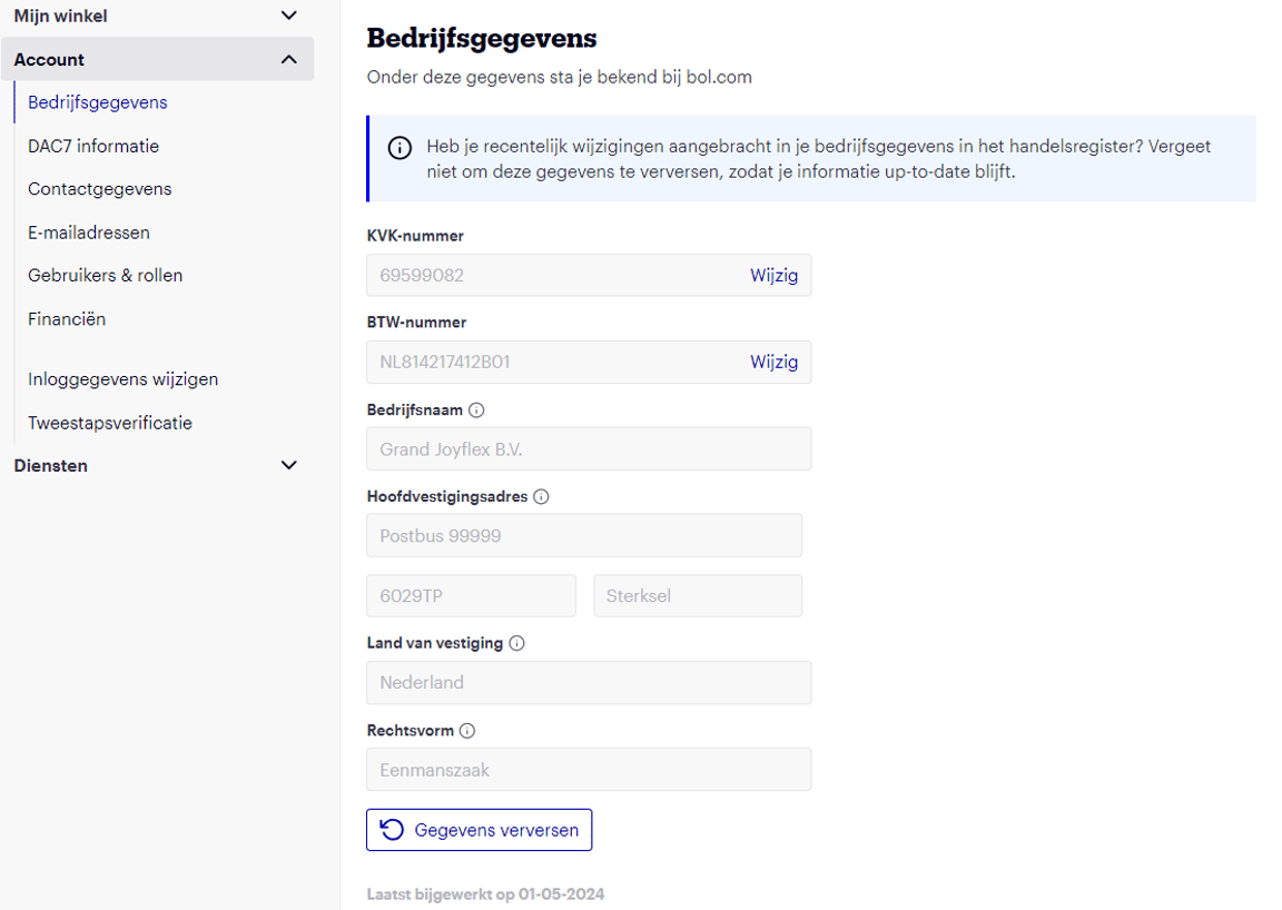 Scherm waarop een gebruiker bedrijfsgegevens invoert in een online formulier, met velden voor bedrijfsnaam, adres en contactinformatie.