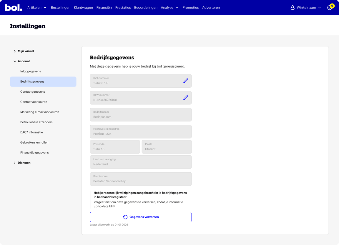Scherm waarop een gebruiker bedrijfsgegevens invoert in een online formulier, met velden voor bedrijfsnaam, adres en contactinformatie.