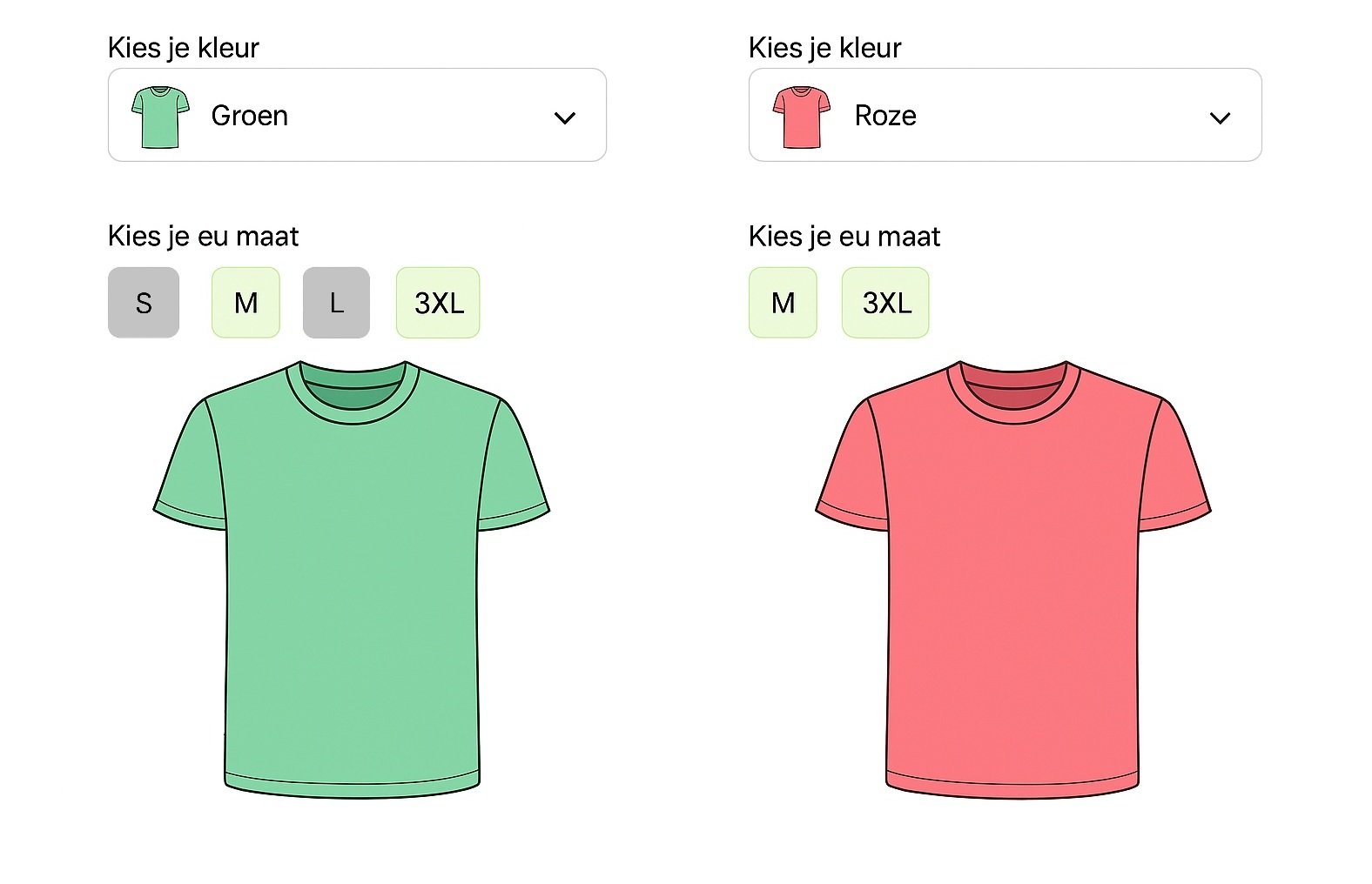 Dieses Bild zeigt zwei verschiedene T-Shirt-Farben und welche Größen in diesen Farben erhältlich sind