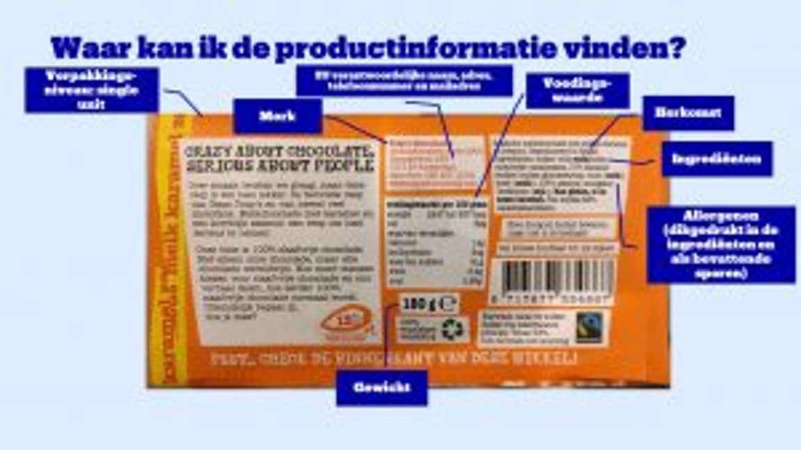 Orange chocolate bar packaging with notes on content. Text labels with ingredients, nutritional value, barcode, weight, and allergens.