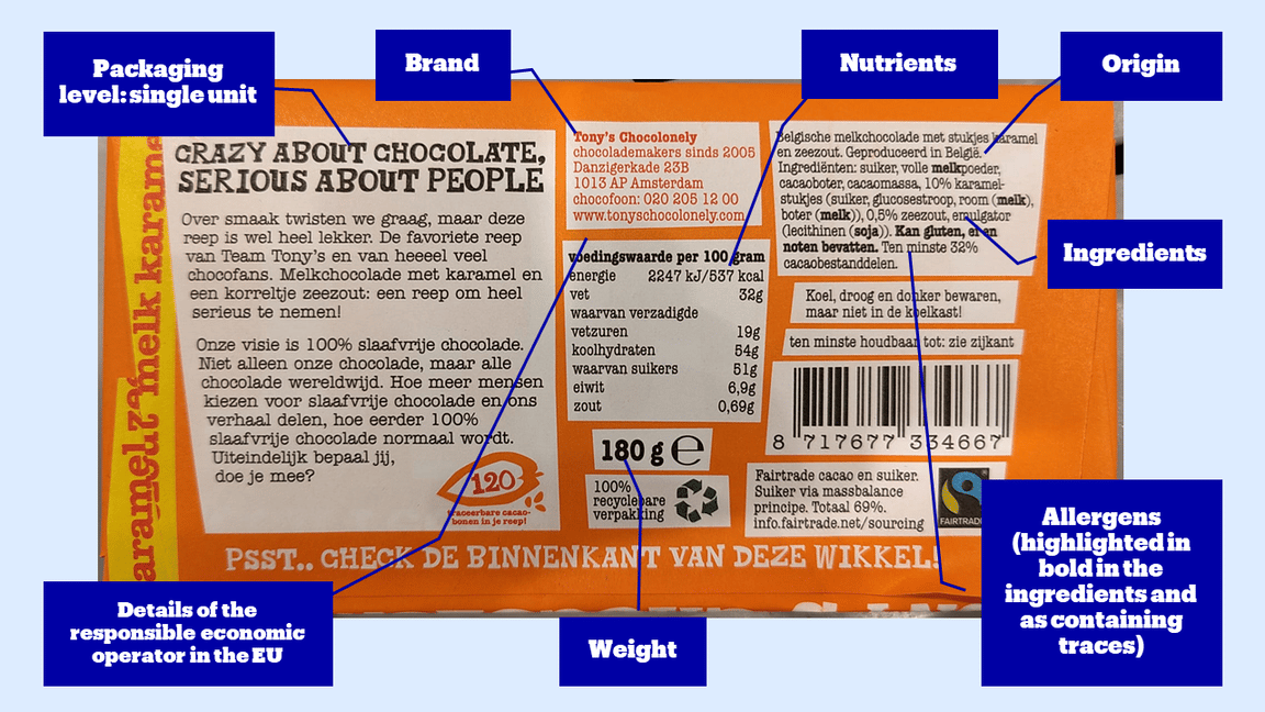 Orange chocolate bar packaging with notes on content. Text labels with ingredients, nutritional value, barcode, weight, and allergens.