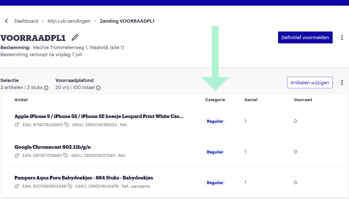 Voorbeeld van 'definitief voormelden'.