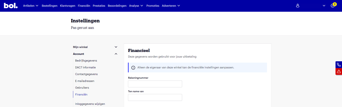 Invulscherm met velden voor rekeningnummer en tenaamstelling.
