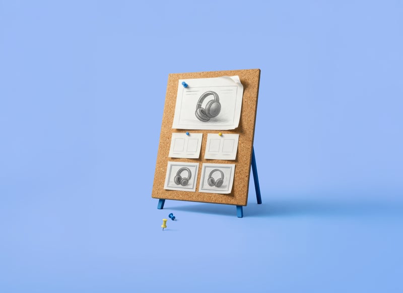 Cork bulletin board with sketched furniture designs, pinned with colorful thumbtacks. The background is light blue.