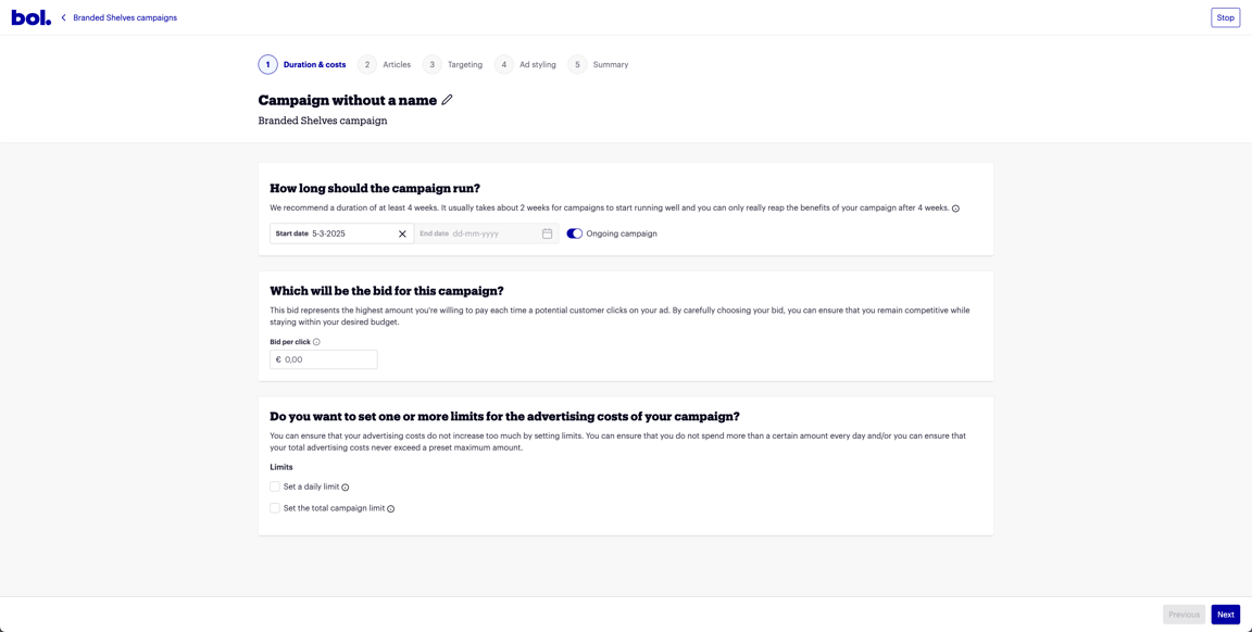 Screenshot setting campaign budget