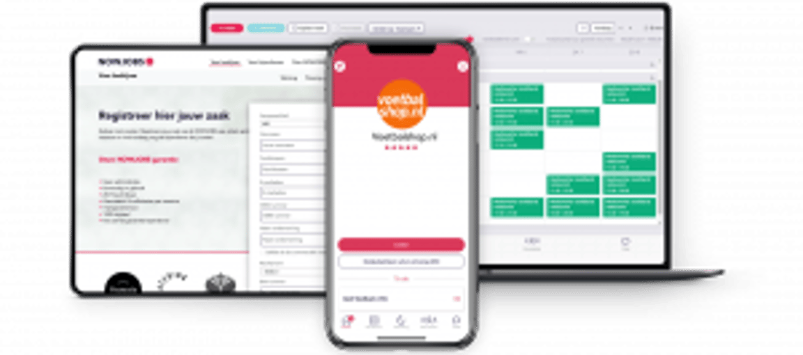 A laptop and smartphone show a website and app for job searching, with a registration page, app review, and calendar tool, displaying functionality and user engagement.
