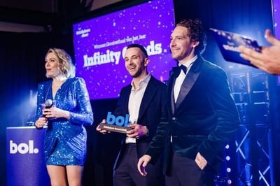 Een vrouw in een blauwe jurk met pailletten en twee mannen in pakken poseren op het podium tijdens een prijsuitreiking.