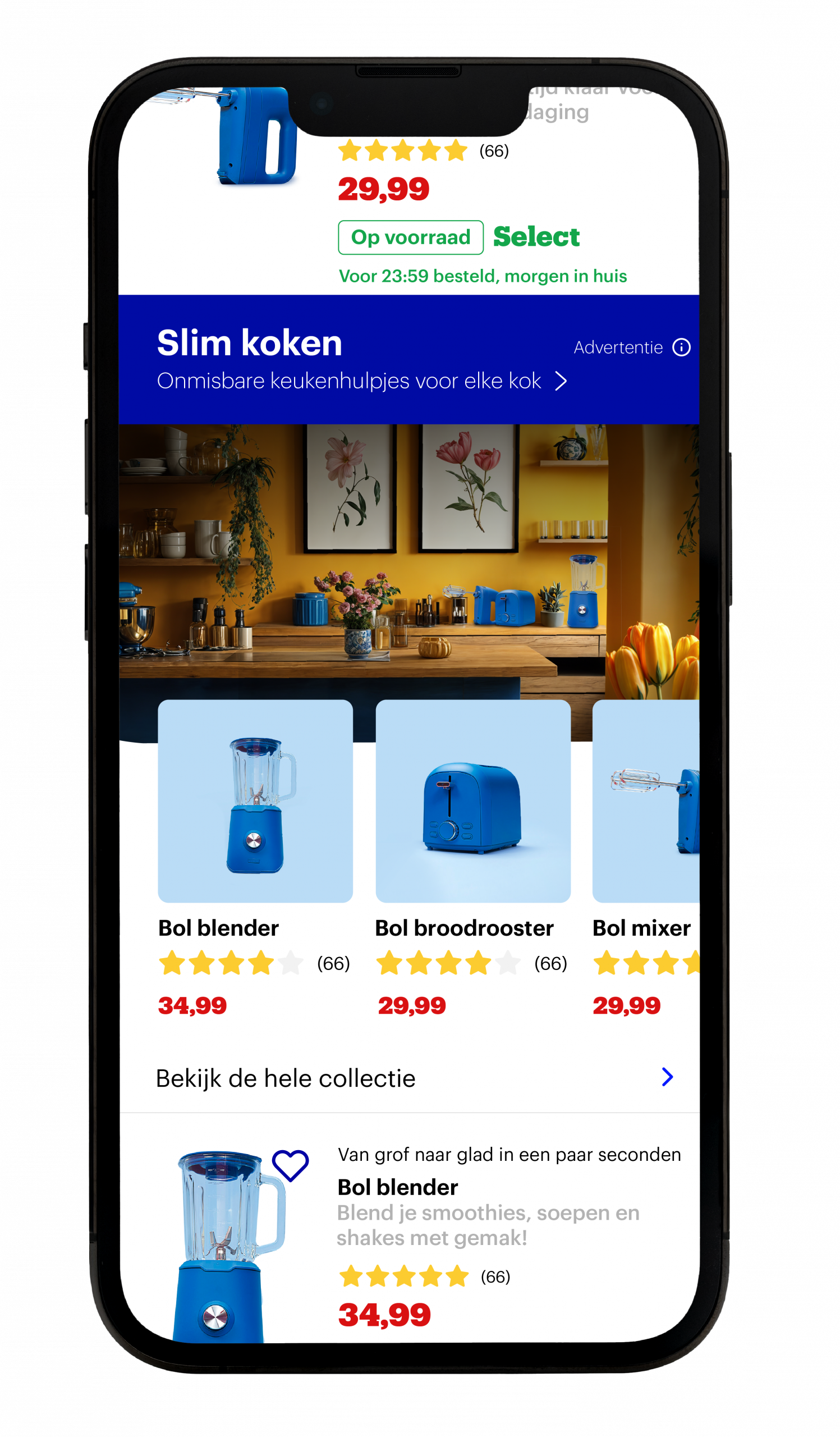 Op het scherm van een smartphone wordt een categoriepagina weergegeven, met branded shelves voor keukenmachines.
