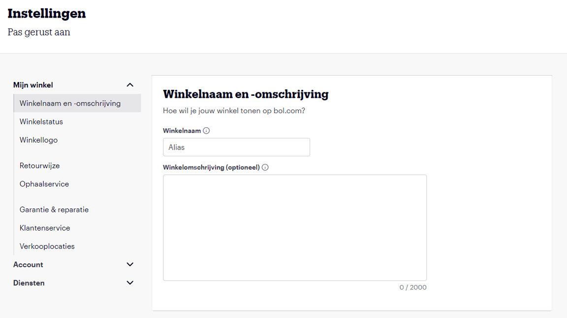 Scherm waarop de verkoper de winkelnaam en omschrijving kan invullen.