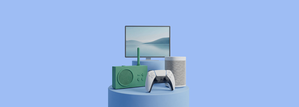 Product shot of various items in the electronics category on a blue background