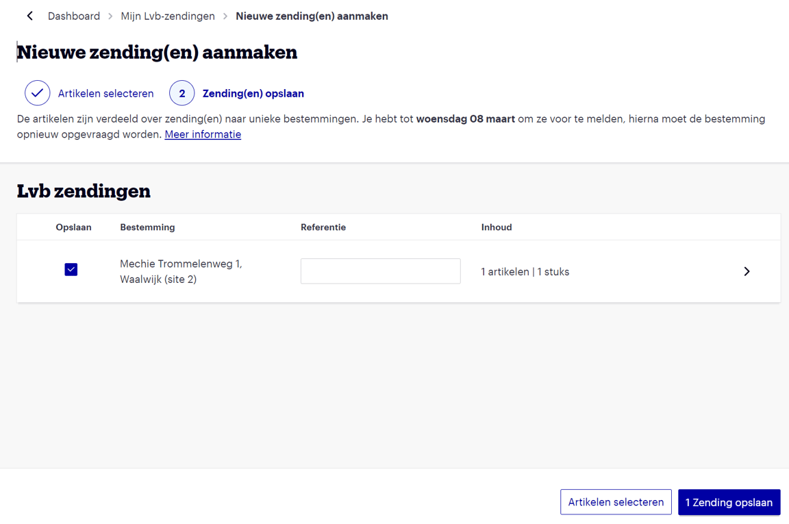 Voorbeeld van het opslaan van zendingen.
