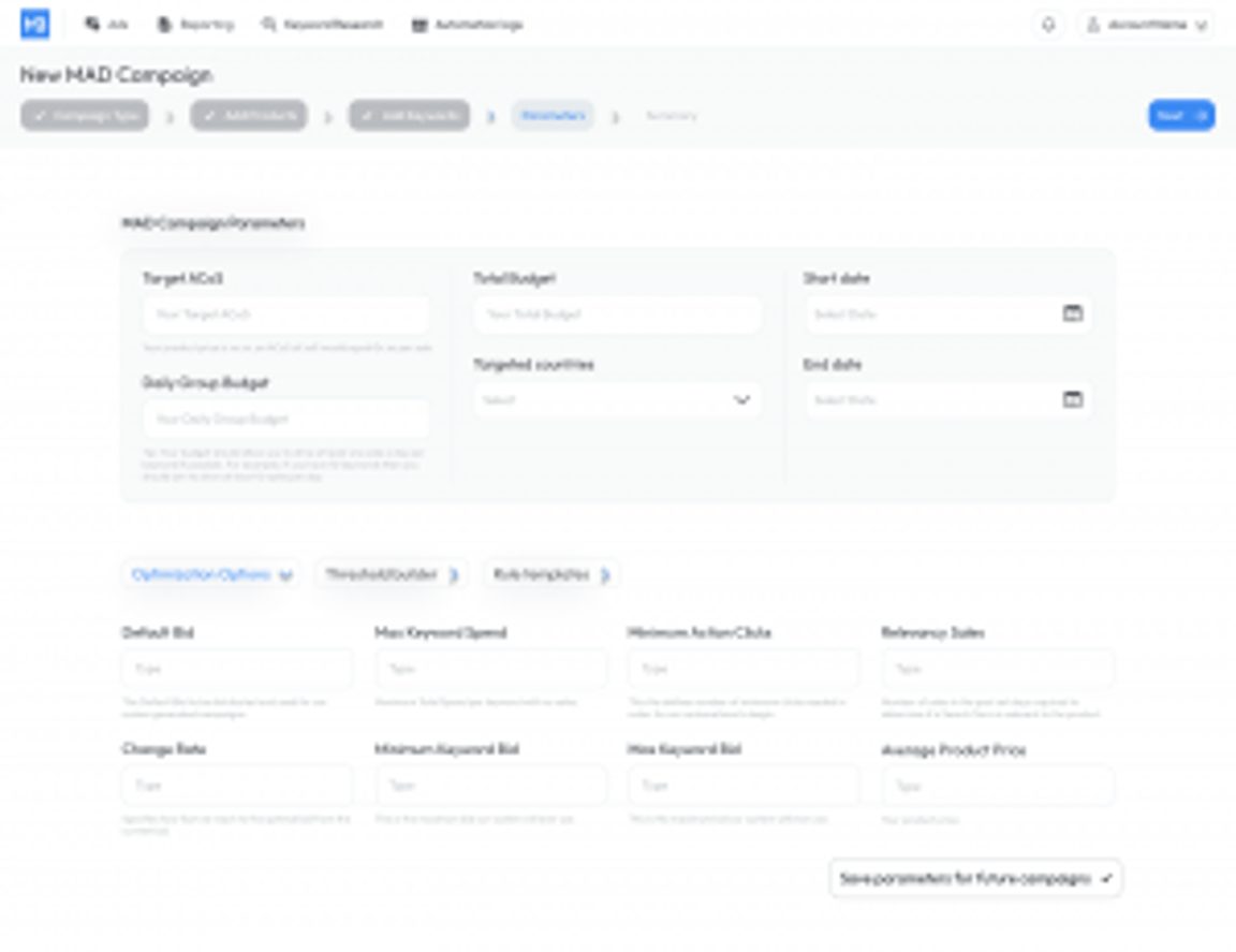 Screenshot van een interface voor het opzetten van een digitale advertentiecampagne. Velden zijn onder meer Target ACoS, Total Budget en Start Date. Tabbladen voor ‘Optimization Options’ en ‘Bid Adjustments’ zijn zichtbaar, wat een professionele, zakelijke uitstraling geeft.