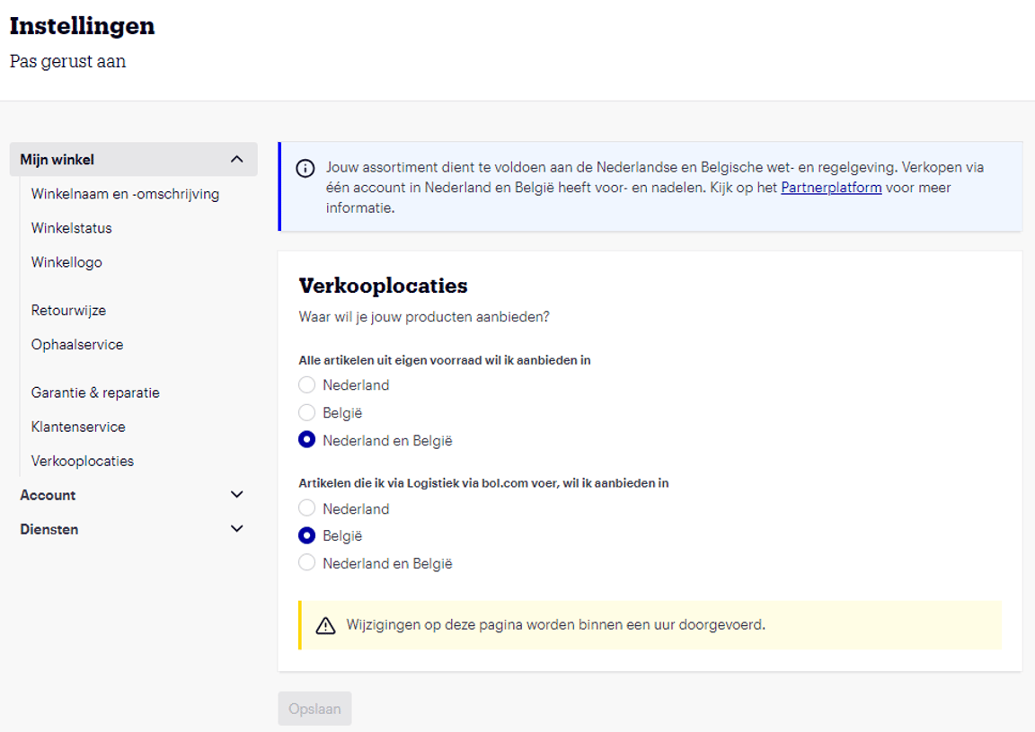 Scherm waarop een verkoper de verkooplocatie kiest, zoals Nederland of België.