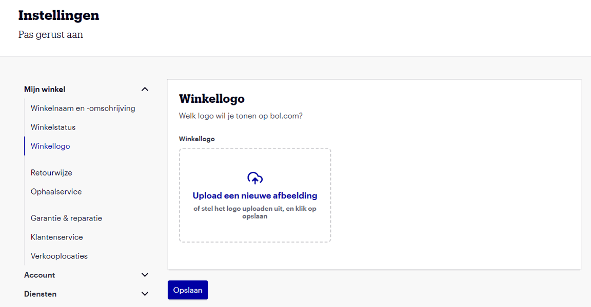 Scherm waarop de verkoper een winkellogo kan toevoegen.
