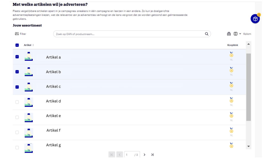 Screenshot artikelen selecteren