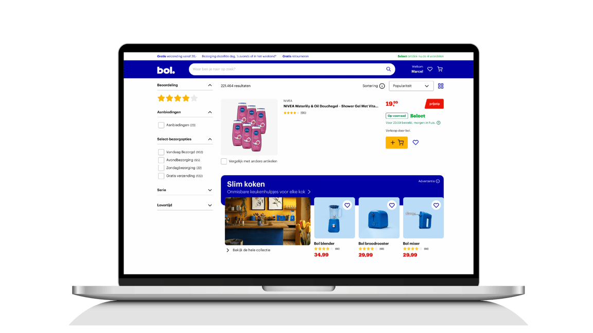 Laptop waarop een winkelpagina van bol te zien is met een branded shelve met keukenapparatuur.