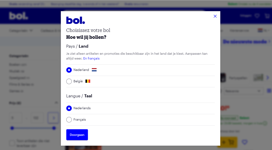 Selectiescherm van Bol.com voor keuze van land en taal, met Nederland en Nederlands geselecteerd.