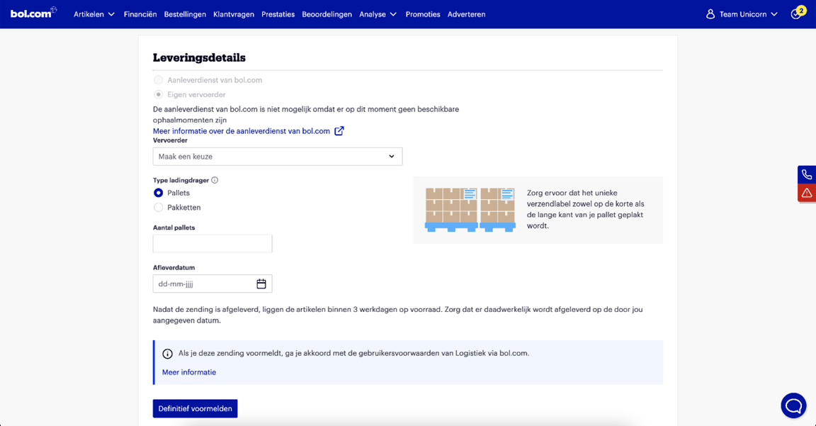 Voorbeeldpagina van leveringsdetails.