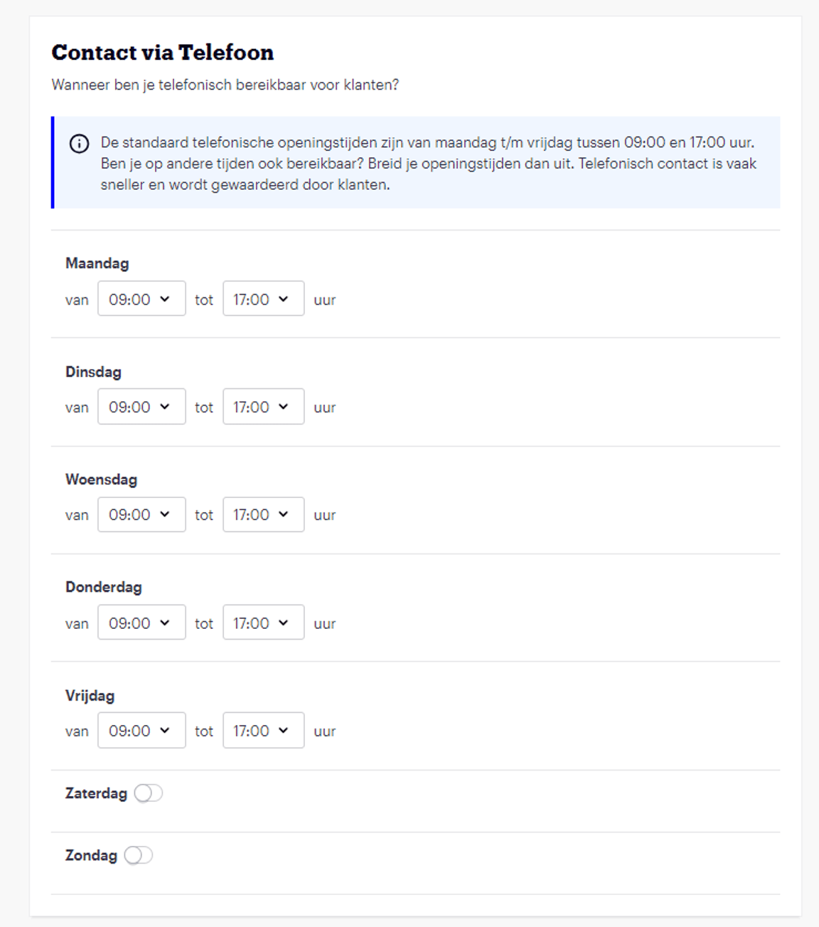 Scherm waarin de beschikbaarheid van het bedrijf per telefoon wordt weergegeven, inclusief dagen en tijden.