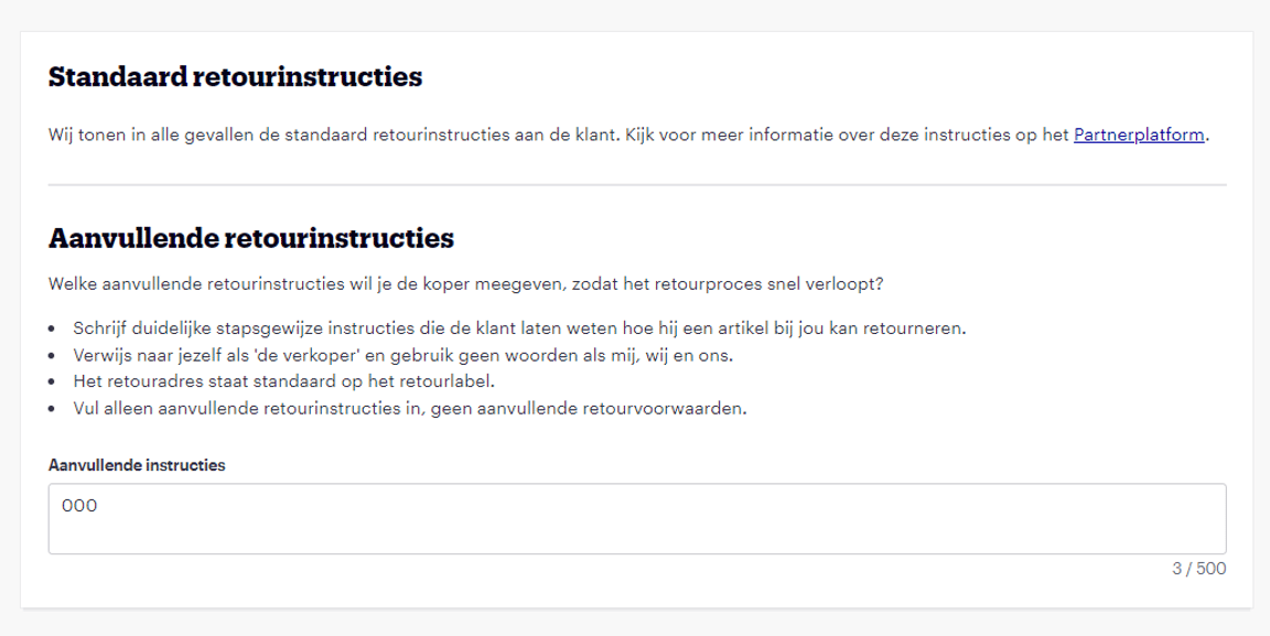 Screen of the return portal where customers can enter additional return instructions, such as reason for return or comments about the item.