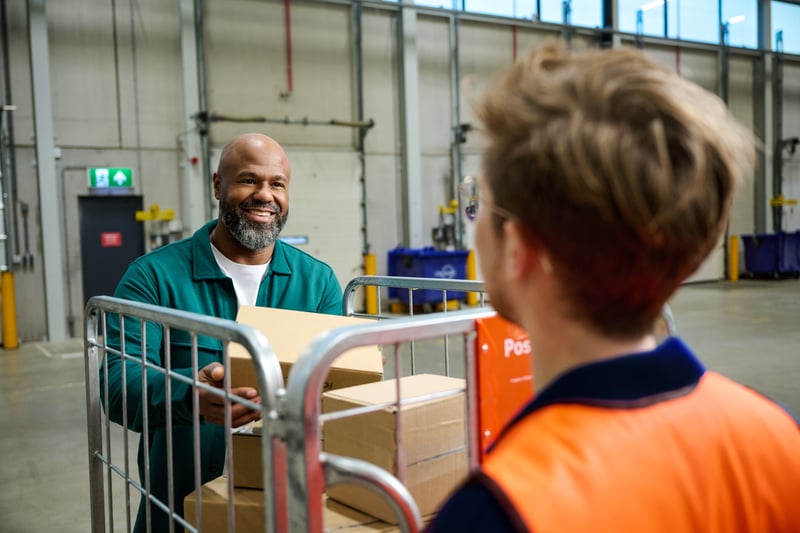 Twee mannen in een magazijn, waarbij de één een kartonnen doos aan de ander geeft.