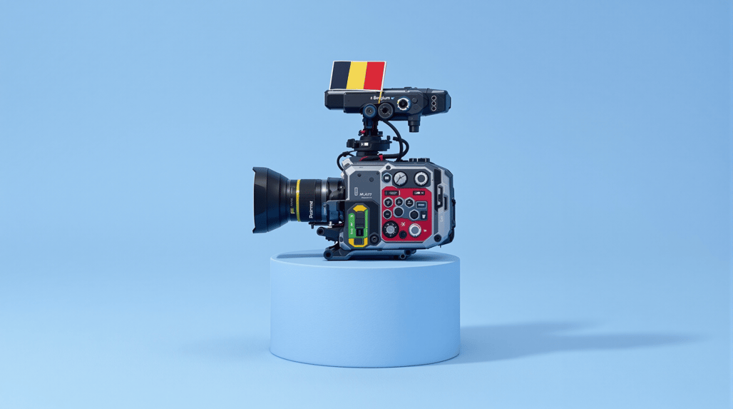Een camera gemonteerd op een blauwe standaard, vergezeld van een kleine rode vlag voor identificatie- of signaleringsdoeleinden.