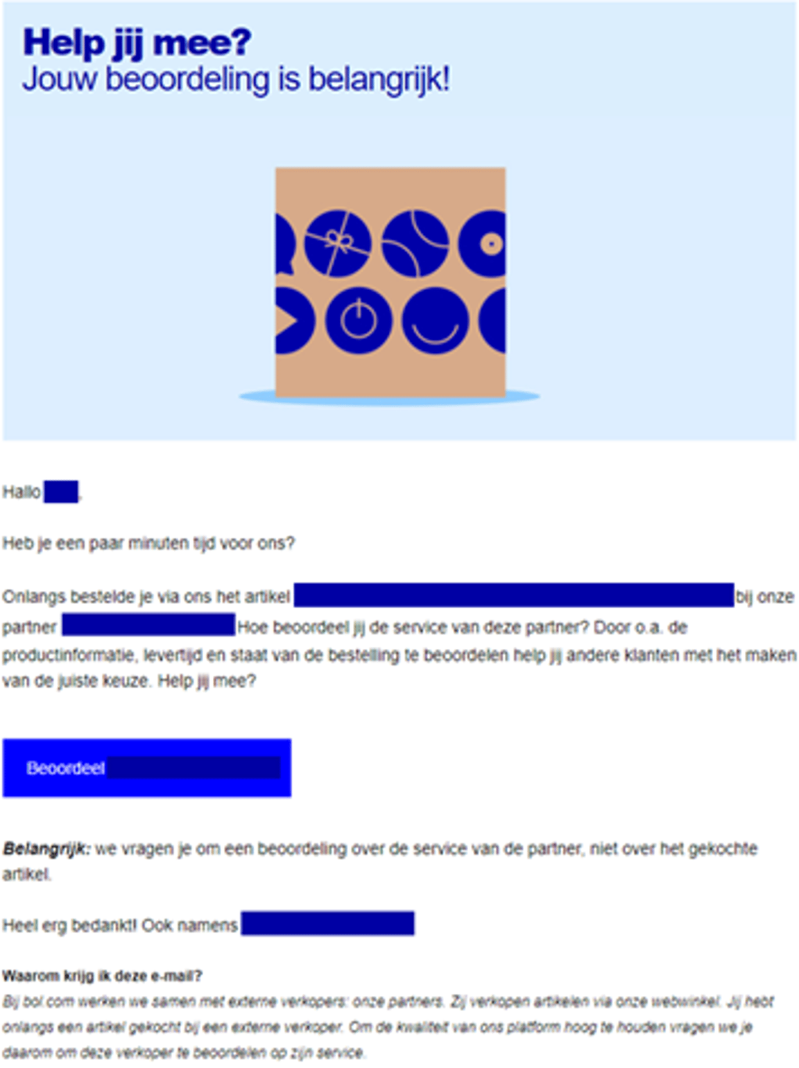Voorbeeldmail over een klantbeoordeling.