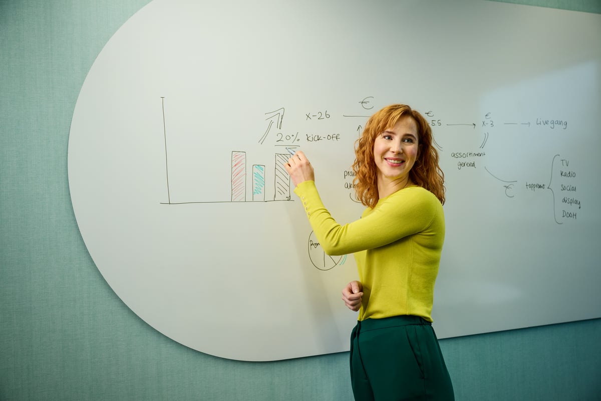 Een vrouw in een gele trui schrijft op een whiteboard met grafieken. Ze glimlacht zelfverzekerd en straalt een professionele en positieve sfeer uit.