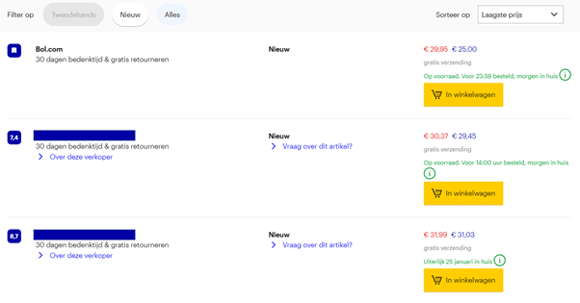 Voorbeeld van beoordelingscijfers van verkopers.