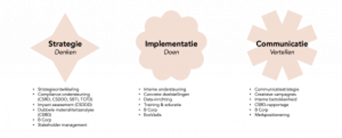 Drie beige vormen op een zwarte achtergrond: een ruit met het opschrift ‘Strategisch denken’, een wolk met het opschrift ‘Implementatieactie’ en een ster met het opschrift ‘Communicatieverhalen’.