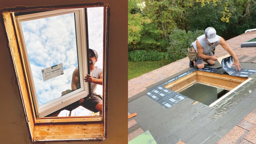 Two side by side photos of a builder on a roof replacing a skylight