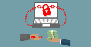 Ransomware virus locked business computer with Hand holding banknotes and key to padlock scam concept