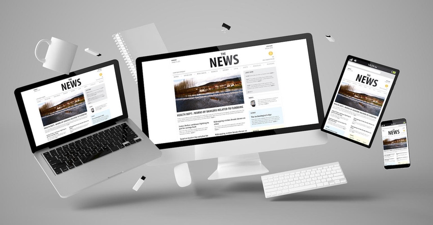 office stuff and devices floating with news website 3d rendering