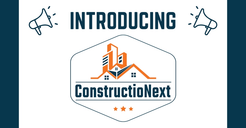 Blue background with orange and white lettering saying "Introducing ConstructioNext"
