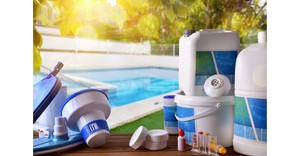 Pool with supplies including chlorine, testing equipment and more
