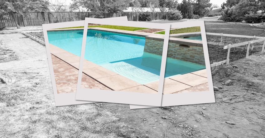Swimming Pool Construction Site with Picture Photo Frames Containing Finished Project. Swimming Pool Construction Site with Picture Photo Frames Containing Finished Project.