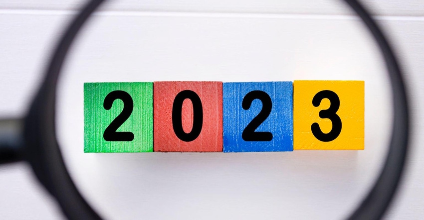 2023 number on colorful wooden cube with magnifying glass. New year concept.
