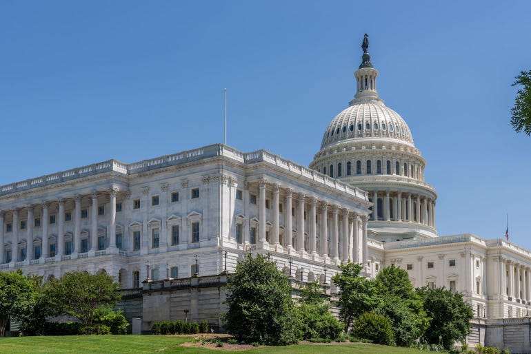 Thomas U. Walter's magnificent cast-iron dome of the US Capitol rises 288' above the Senate Building and Capitol Hill in Washington DC