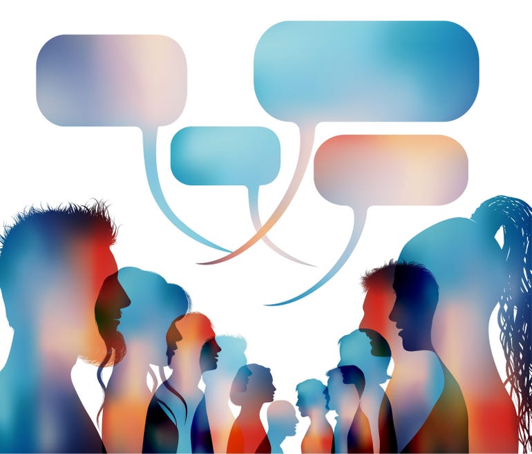Speech bubbles above a group of people talking. Faces silhouette head profile. 