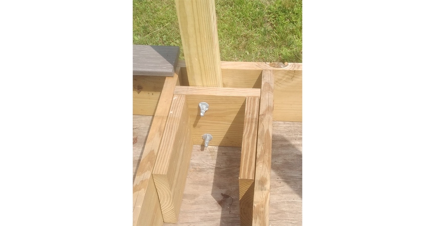 A post to frame detail can be devised using metal hardware and blocking, blocking and screws or maybe even decking fastened