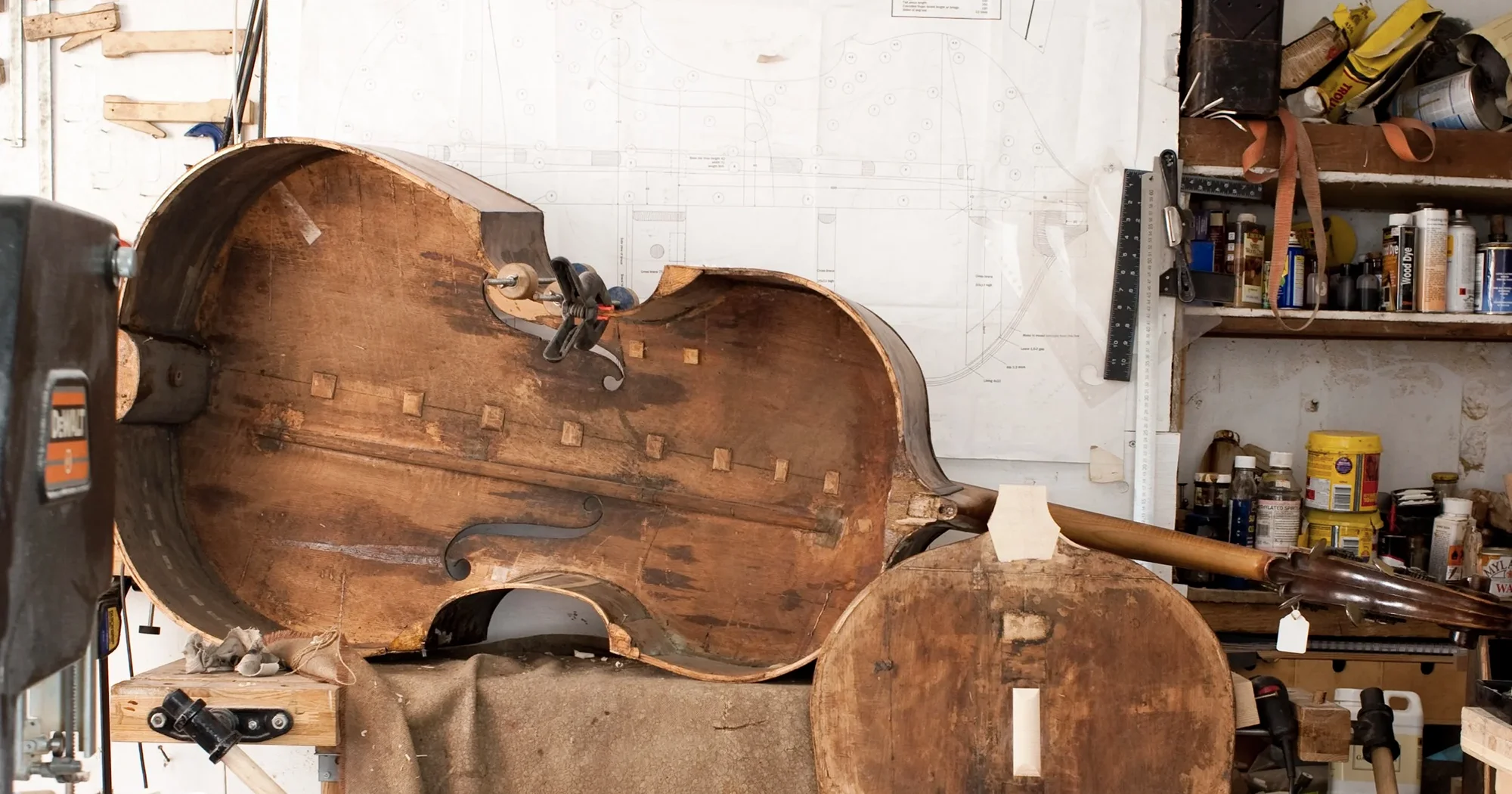 Double bass being fixed